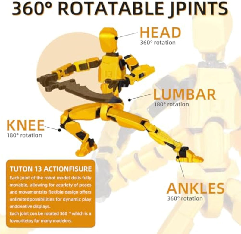 T13 Upgraded 3D Printed Action Figure Yellow for Desk or Cake Decor